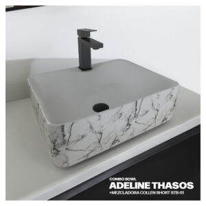 COMBO BOWL ADELINE THASOS + MEZCLADORA P/LAVATORIO COLLEN SHORT STB-01 + DESAGUE POP UP GRANDE NEGRO S/REBOSE P/BOWL CUERPO 8 CM COLA 18 CM STONE