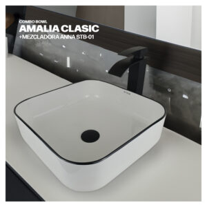 COMBO BOWL AMALIA CLASIC + MEZCLADORA P/BOWL ANNA STB-01 BLACK + DESAGUE POP UP GRANDE NEGRO S/REBOSE P/BOWL CUERPO 8 CM COLA 18 CM STONE