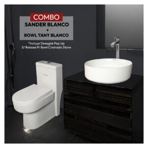 COMBO DE INODORO SANDER BLANCO + BOWL TANY BLANCO + DESAGUE POP UP GRANDE CROMADO S/REBOSE P/BOWL CUERPO 10CM COLA 18 CM *INCLUYE TUBO DE ABASTO DE VINIL REFORZADO F1/2*M1/2 BRONCE STONE*