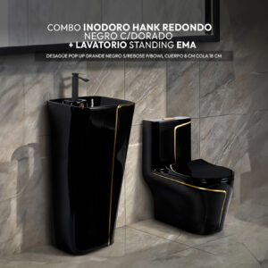 COMBO DE INODORO HANK REDONDO NEGRO C/DORADO + LAVATORIO STANDING EMA + DESAGUE POP UP GRANDE NEGRO S/REBOSE P/BOWL CUERPO 8 CM COLA 18 CM *INCLUYE TUBO DE ABASTO DE VINIL REFORZADO F1/2*M1/2 BRONCE STONE*