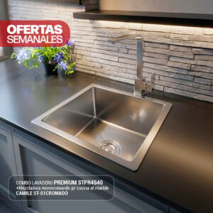 COMBO DE LAVADERO PREMIUM STPR4540 + MEZCLADORA MONOCOMANDO P/COCINA AL MUEBLE CAMILE ST-01 CROMADO STONE