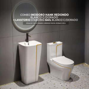 COMBO DE INODORO HANK REDONDO BLANCO C/ DORADO + LAVATORIO STANDING GAIL BLANCO C/DORADO + DESAGUE POP UP GRANDE S/REBOSE P/BOWL DORADO 18CM *INCLUYE TUBO DE ABASTO DE VINIL REFORZADO F1/2*M1/2 BRONCE STONE*
