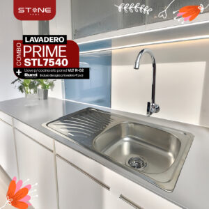 COMBO DE LAVADERO DE ACERO PRIME STL7540 + VLT R-02 RUMI + DESAGUE PARA LAVADERO 4" PVC STONE