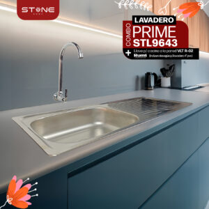 COMBO DE LAVADERO PRIME STL9643 + LLAVE P/COCINA A LA PARED VLT R-02 RUMI + DESAGUE PARA LAVADERO 4" PVC STONE