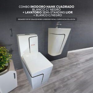 COMBO DE INODORO HANK CUADRADO BLANCO C/ NEGRO + LAVATORIO SEMI-STANDING LIOR BLANCO C/NEGRO + DESAGUE POP UP GRANDE NEGRO S/REBOSE P/BOWL CUERPO 8 CM COLA 18 CM *INCLUYE TUBO DE ABASTO DE VINIL REFORZADO F1/2*M1/2 BRONCE STONE*