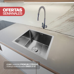 COMBO DE LAVADERO PREMIUM STPR4545 + LLAVE P/COCINA AL MUEBLE EMBER ST-01