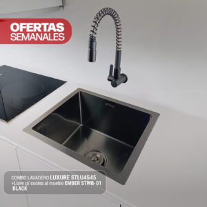 COMBO DE LAVADERO LUXURE STLU4545 + LLAVE P/COCINA A LA PARED EMBER STWB-01 BLACK STONE
