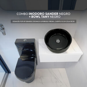 COMBO DE INODORO SANDER NEGRO + BOWL TANY NEGRO + DESAGUE POP UP GRANDE CROMADO S/REBOSE P/BOWL CUERPO 10CM COLA 18 CM *INCLUYE TUBO DE ABASTO DE VINIL REFORZADO F1/2*M1/2 BRONCE STONE*