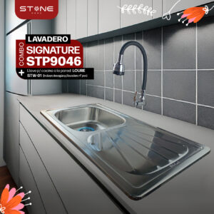 COMBO DE LAVADERO DE ACERO SIGNATURE STP9046 + LLAVE A LA PARED LOURE STW-01 STONE + DESAGUE PARA LAVADERO 4" PVC STONE