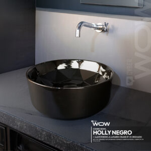 COMBO CYBER BOWL HOLLY NEGRO + LLAVE P/BOWL A LA PARED CELINE ST-01 CROMADO + DESAGUE POP UP GRANDE CROMADO S/REBOSE P/BOWL  COLA 18 CM STONE