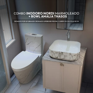 COMBO DE INODORO NORDI MARMOLEADO + BOWL AMALIA THASOS + DESAGUE POP UP GRANDE CROMADO S/REBOSE P/BOWL CUERPO 10CM COLA 18 CM *INCLUYE TUBO DE ABASTO DE VINIL REFORZADO F1/2*M1/2 BRONCE STONE*