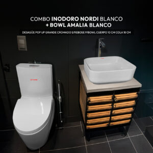 COMBO DE INODORO NORDI BLANCO + BOWL AMALIA BLANCO + DESAGUE POP UP GRANDE CROMADO S/REBOSE P/BOWL CUERPO 10CM COLA 18 CM *INCLUYE TUBO DE ABASTO DE VINIL REFORZADO F1/2*M1/2 BRONCE STONE*