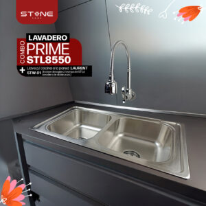 COMBO DE LAVADERO PRIME STL8550 + LLAVE P/COCINA A LA PARED LAURENT STW-01 + DESAGÜE C/TRAMPA DE 1.5" PARA LAVADERO DE DOBLE POZA MODELO PREMIUM STONE
