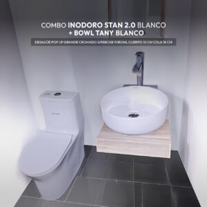 COMBO DE INODORO STAN 2.0 BLANCO + BOWL TANY BLANCO + DESAGUE POP UP GRANDE CROMADO S/REBOSE P/BOWL CUERPO 10CM COLA 18 CM INCLUYE TUBO DE ABASTO DE VINIL REFORZADO F1/2*M1/2 BRONCE STONE