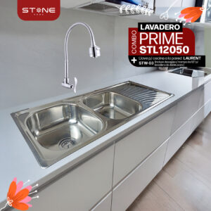 COMBO DE LAVADERO PRIME STL12050 + LLAVE P/COCINA A LA PARED LAURENT STW-03 + DESAGÜE C/TRAMPA DE 1.5" PARA LAVADERO DE DOBLE POZA MODELO PREMIUM STONE