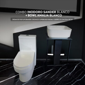 COMBO DE INODORO SANDER BLANCO + BOWL AMALIA BLANCO + DESAGUE POP UP GRANDE CROMADO S/REBOSE P/BOWL CUERPO 10CM COLA 18 CM *INCLUYE TUBO DE ABASTO DE VINIL REFORZADO F1/2*M1/2 BRONCE STONE*