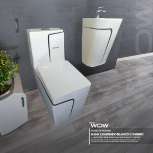 COMBO CYBER DE INODORO HANK CUADRADO BLANCO C/ NEGRO + LAVATORIO SEMI-STANDING LIOR BLANCO C/NEGRO + DESAGUE POP UP GRANDE NEGRO S/REBOSE P/BOWL COLA 18 CM *INCLUYE TUBO DE ABASTO DE VINIL REFORZADO F1/2*M1/2 BRONCE STONE*