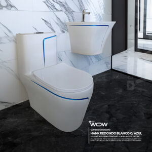 COMBO CYBER DE INODORO HANK REDONDO BLANCO C/ AZUL + LAVATORIO SEMI-STANDING ROLI BLANCO C/ AZUL STONE + DESAGUE POP UP GRANDE CROMADO  COLA 18 CM *INCLUYE TUBO DE ABASTO DE VINIL REFORZADO F1/2*M1/2 BRONCE STONE*