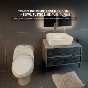 COMBO DE INODORO ESSENCE BONE + BOWL RUSTIC LINE AVENTURINE + DESAGUE POP UP GRANDE CROMADO S/REBOSE P/BOWL CUERPO 10CM COLA 18 CM STONE TUBO DE ABASTO DE ALUMINIO REFORZADO F1/2* M1/2 RUMI