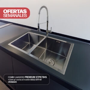 COMBO DE LAVADERO PREMIUM STPR7845 + LLAVE P/COCINA AL MUEBLE GIULS STT-01 CROMADO STONE