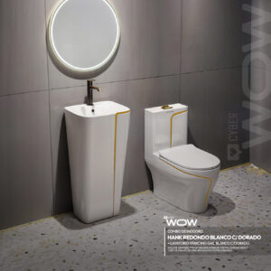 COMBO CYBER DE INODORO HANK REDONDO BLANCO C/ DORADO + LAVATORIO STANDING GAIL BLANCO C/DORADO + DESAGUE POP UP GRANDE S/REBOSE P/BOWL DORADO 18CM *INCLUYE TUBO DE ABASTO DE VINIL REFORZADO F1/2*M1/2 BRONCE STONE*