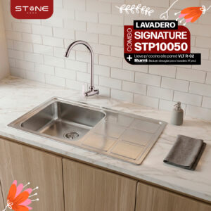 COMBO DE LAVADERO SIGNATURE STP10050 + LLAVE P/COCINA A LA PARED VLT R-02 RUMI + DESAGUE PARA LAVADERO 4" PVC STONE