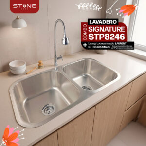 COMBO DE LAVADERO DE ACERO SIGNATURE STP8246 + LLAVE DE COCINA AL MUEBLE LAURENT STT-04 CROMADO STONE + DESAGÜE C/TRAMPA DE 1.5" PARA LAVADERO DE DOBLE POZA MODELO PREMIUM STONE