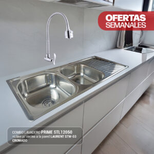 COMBO DE LAVADERO PRIME STL12050+LLAVE P/COCINA A LA PARED LAURENT STW-03 CROMADO STONE