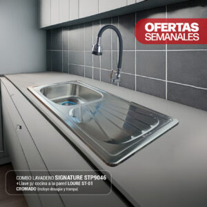COMBO DE LAVADERO SIGNATURE STP9046 + LLAVE P/COCINA A LA PARED LOURE ST-01 CROMADO STONE+ DESAGUE 4" + TRAMPA