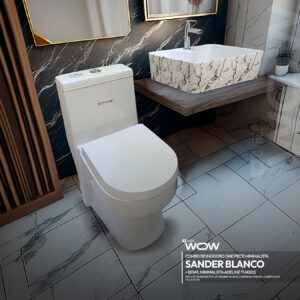 COMBO CYBER DE INODORO ONE PIECE MINIMALISTA SANDER BLANCO + BOWL MINIMALISTA ADELINE THASOS STONE + DESAGUE POP UP GRANDE BLANCO S/REBOSE P/BOWL  COLA 18 CM STONE