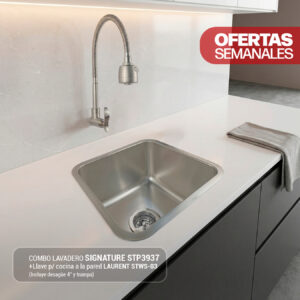 COMBO DE LAVADERO SIGNATURE STP3937 + LLAVE P/COCINA A LA PARED LAURENT STWS-03+ DESAGUE 4"+ TRAMPA