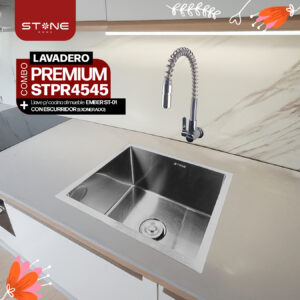 COMBO DE LAVADERO PREMIUM STPR4545 + LLAVE P/COCINA AL MUEBLE EMBER ST-01 CON ESCURRIDOR(EXONERADO) STONE
