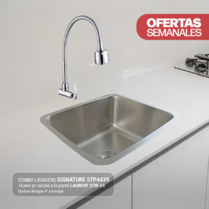 COMBO DE LAVADERO SIGNATURE STP4439 + LLAVE P/COCINA A LA PARED LAURENT STW-01+ DESAGUE 4"+ TRAMPA