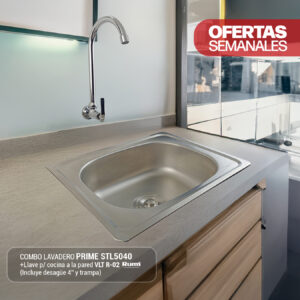 COMBO DE LAVADERO PRIME STL5040 + LLAVE P/COCINA A LA PARED VLT R-02 RUMI + DESAGUE 4"+ TRAMPA