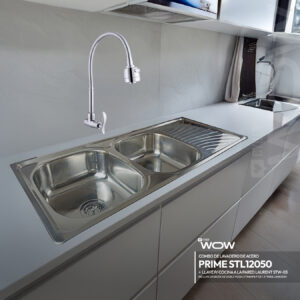 COMBO CYBER DE LAVADERO DE ACERO PRIME STL12050 + LLAVE P/ COCINA A LA PARED LAURENT STW- 03 + DESAGÜE DOBLE POZA C/ TRAMPA P DE 1.5" PARA LAVADERO