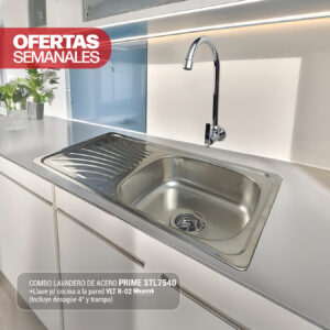 COMBO DE LAVADERO DE ACERO PRIME STL7540 +  VLT R-02 RUMI+ DESAGUE 4"+ TRAMPA