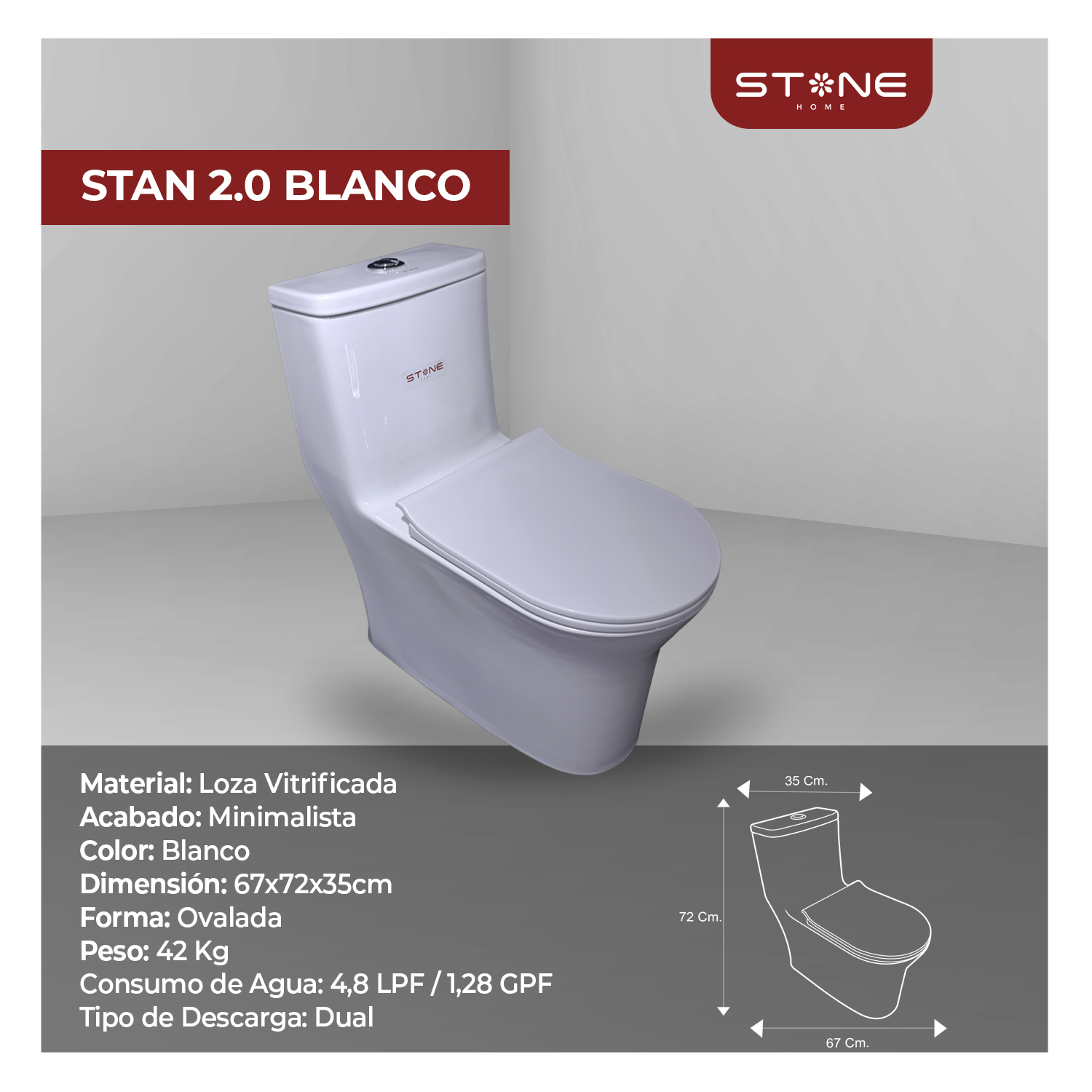 INODORO ONE PIECE MINIMALISTA STAN 2.0 BLANCO STONE - Imagen 2