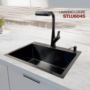 LAVADERO DE ACERO LUXURE STLU6045 CON PORTACUCHILLO Y DISPENSADOR DE JABON NANO BLACK  NANOBLACK STONE