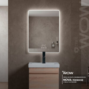ESPEJO LED TACTIL CON SENSOR DE MVM NOVA C/ RELOJ Y ANTIAMPAÑE 70X50CM STONE