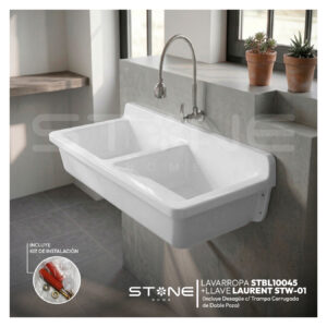 COMBO LAVARROPAS DE FIBRA DE VIDRIO STBL10045 + LLAVE LAURENT STW-01 STONE + DESAGÜE C/TRAMPA CORRUGADA DE DOBLE POZA *KIT DE INSTALACIÓN STONE