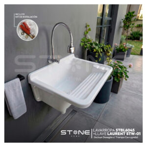 COMBO LAVARROPAS DE FIBRA DE VIDRIO STBL6045 + LLAVE LAURENT STW-01 STONE + DESAGÜE C/TRAMPA CORRUGADA *KIT DE INSTALACIÓN STONE