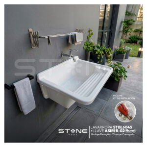 COMBO LAVARROPAS DE FIBRA DE VIDRIO STBL6045 + LLAVE ASIRI R-02 RUMI + DESAGÜE C/TRAMPA CORRUGADA *KIT DE INSTALACIÓN STONE