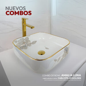 COMBO BOWL AMALIA LUNA + MEZCLADORA P/BOWL CAELI STG-01 GOLDEN + DESAGUE POP UP GRANDE DORADO S/REBOSE P/BOWL CUERPO 10CM COLA 18 CM STONE