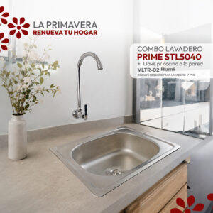 COMBO DE LAVADERO PRIME STL5040 + LLAVE P/COCINA A LA PARED VLT R-02 RUMI + DESAGUE PARA LAVADERO 4" PVC STONE