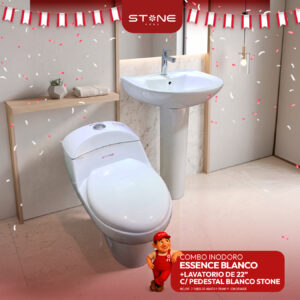 COMBO DE INODORO ESSENCE BLANCO + LAVATORIO DE 22" C/PEDESTAL BLANCO STONE , con 2 tubos de abasto y tramp p con desagüe