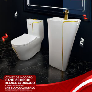 COMBO DE INODORO HANK REDONDO BLANCO C/ DORADO + LAVATORIO STANDING GAIL BLANCO C/DORADO + DESAGUE POP UP GRANDE S/REBOSE P/BOWL DORADO 18CM *INCLUYE TUBO DE ABASTO DE VINIL REFORZADO F1/2*M1/2 BRONCE STONE*