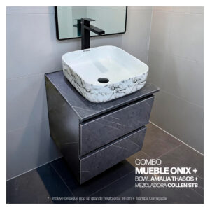 COMBO MUEBLE ONIX + BOWL AMALIA THASOS+ MEZCLADORA COLLEN STB + DESAGUE POP UP GRANDE NEGRO S/REBOSE + TRAMPA CORRUGADA UNIVERSAL PVC STONE