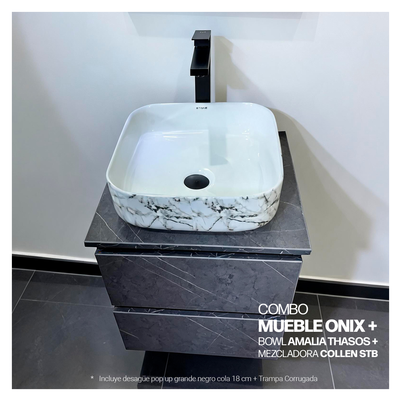 COMBO MUEBLE ONIX + BOWL AMALIA THASOS+ MEZCLADORA COLLEN STB + DESAGUE POP UP GRANDE NEGRO S/REBOSE + TRAMPA CORRUGADA UNIVERSAL PVC STONE - Imagen 2