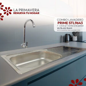COMBO DE LAVADERO PRIME STL9643 + LLAVE P/COCINA A LA PARED VLT R-02 RUMI + DESAGUE PARA LAVADERO 4" PVC STONE