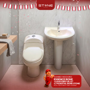 COMBO DE INODORO ESSENCE BONE + LAVATORIO DE 22" C/PEDESTAL BONE STONE con 2 tubos de abasto y tramp p con desagüe